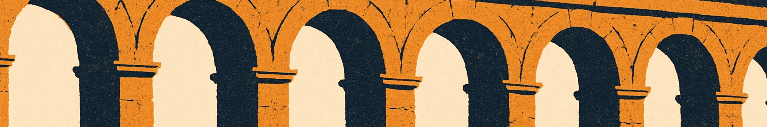 Roman stone arches in a repeating arcade, Rome — artistic impression, AI-generated illustration in Trip in Art's brand style