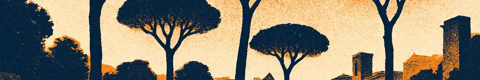 Umbrella pines, shrubs and distant rooftops, Rome — artistic impression, AI-generated illustration in Trip in Art's brand style