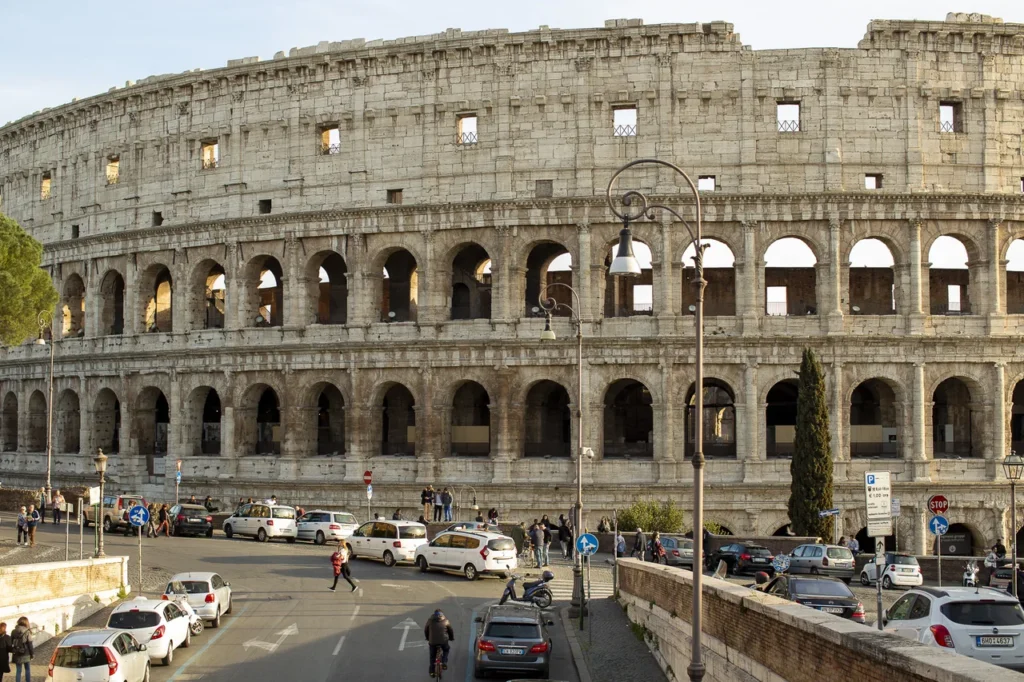 The travertine arches of the Colosseum's exterior
