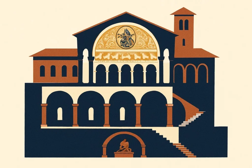 Cutaway illustration of the Basilica of San Clemente's three stacked historical layers
