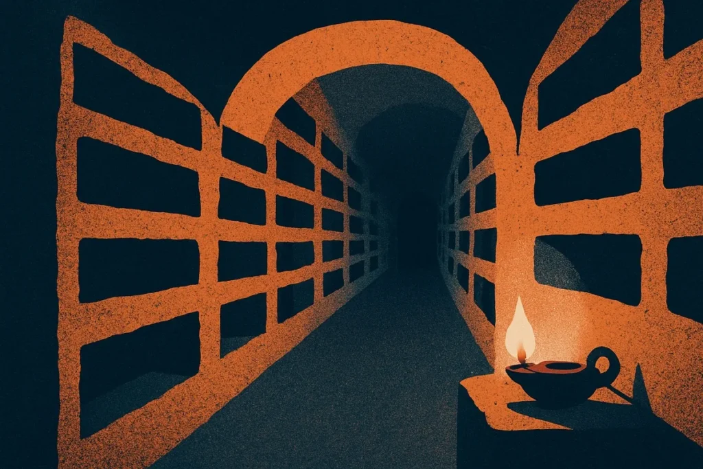 Illustration of Roman catacomb burial tunnels lined with loculi niches and an oil lamp