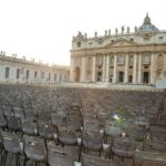 Rows of chairs set out in St Peter's Square in front of the basilica