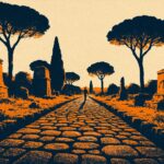 Illustration of the basalt paving and umbrella pines along the Appian Way outside Rome — illustration by Trip in Art, artistic impression