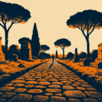 Illustration of the basalt paving and umbrella pines along the Appian Way outside Rome — illustration by Trip in Art, artistic impression