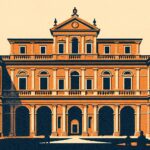 Illustration of a Renaissance palace courtyard in Rome — illustration by Trip in Art, artistic impression