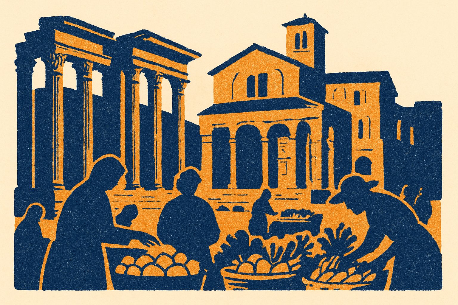 Das Forum Holitorium: Gemüsemarkt und heiliger Boden — KI-generierte Illustration für Trip in Art