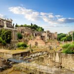 A panoramic view of the Roman Forum showcasing ancient ruins and structures.